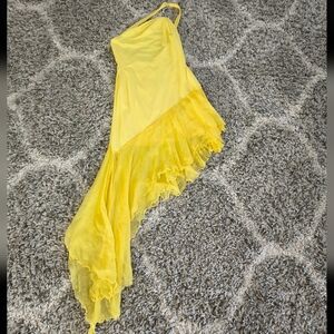 Y2K 2000s Yellow Cache Silk Asymmetrical Ruffle One Shoulder Dress